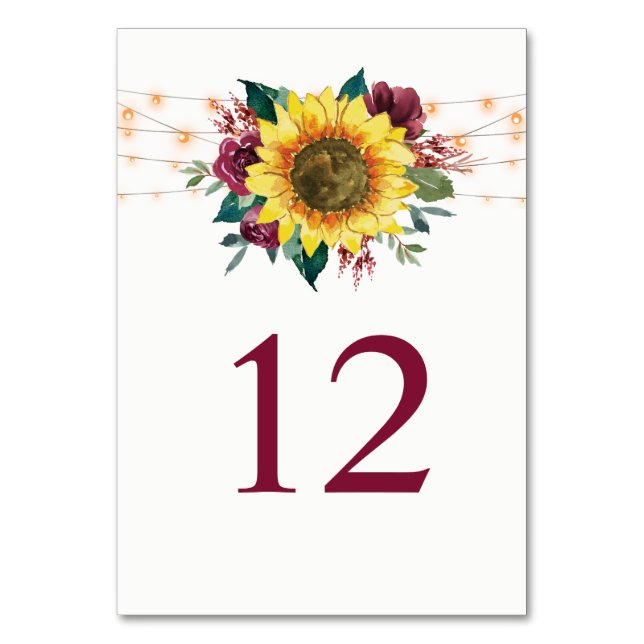 Sunflower String Lights Rustic Floral Wedding Table Number (Front)