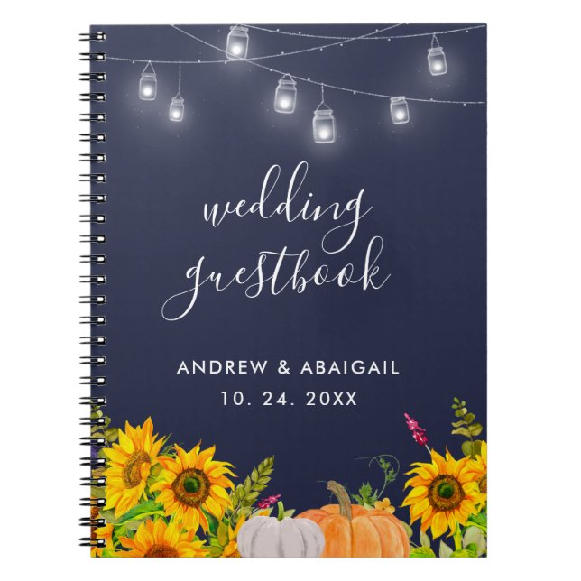 Sunflower String Lights Rustic Wedding Guestbook Notebook (Front)