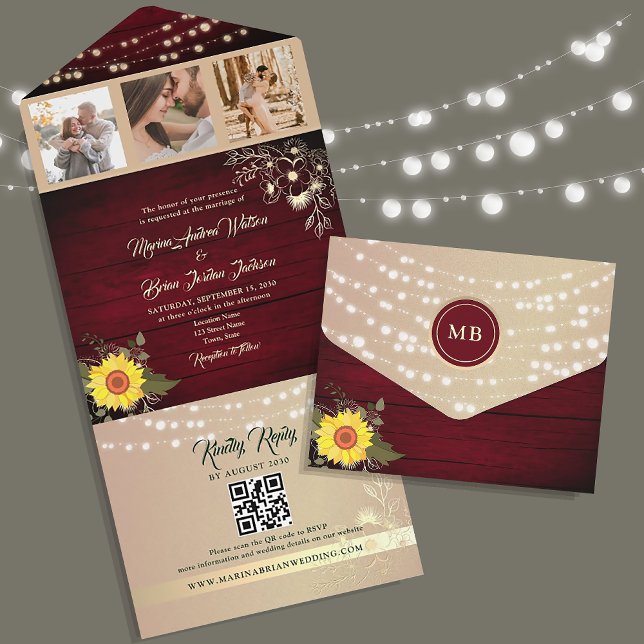 Sunflower String Lights Wedding QR Code All In One Invitation (Creator Uploaded)