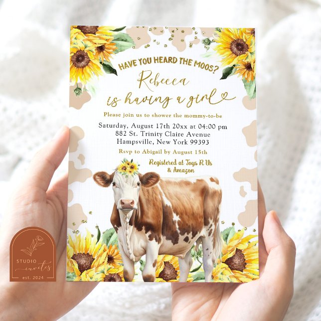 Sunflower Summer Cow Farm Girl Baby Shower Invitation (Creator Uploaded)