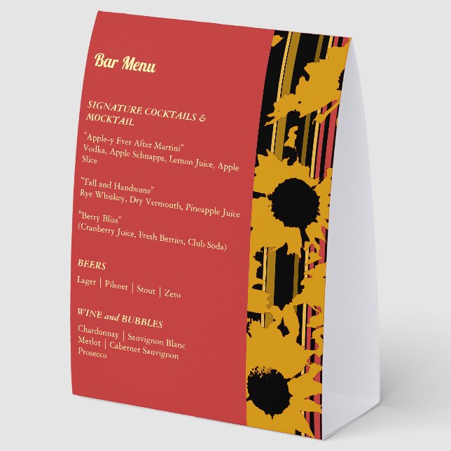 Sunflower Summer Gold Red Wedding Bar Menu (Back)