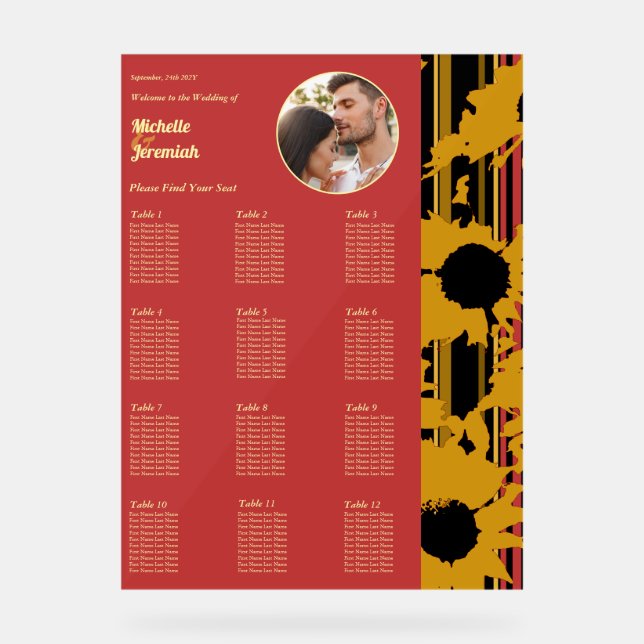 Sunflower Summer Gold Red Wedding Photo Sear Chart (Front)