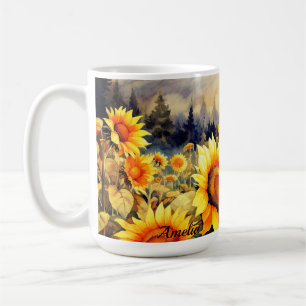 Sunflower Summer Yellow Watercolor Custom Name Coffee Mug