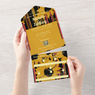 Sunflower Sunset Coral Gold Modern Wedding All In One Invitation