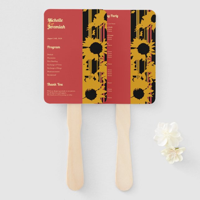 Sunflower Sunset Coral Gold Modern Wedding Hand Fan (Front and Back)