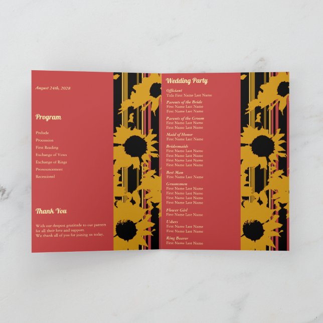 Sunflower Sunset Coral Gold Modern Wedding Photo Program (Inside)