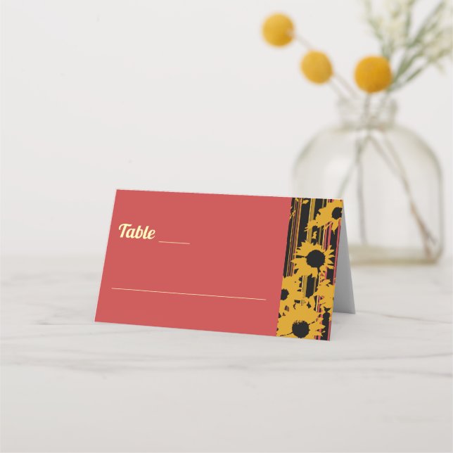 Sunflower Sunset Coral Gold Modern Wedding Place Card (Front)