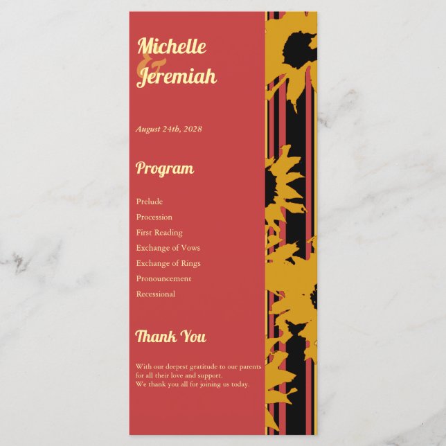 Sunflower Sunset Coral Gold Modern Wedding Program (Front)