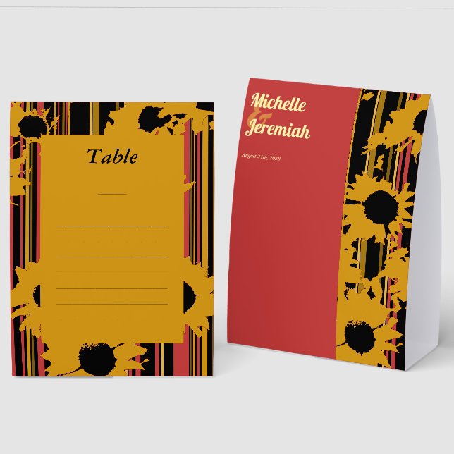 Sunflower Sunset Coral Gold Modern Wedding Table (Front/Back)