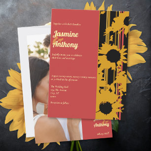 Sunflower Sunset Coral Gold Wedding Invitation