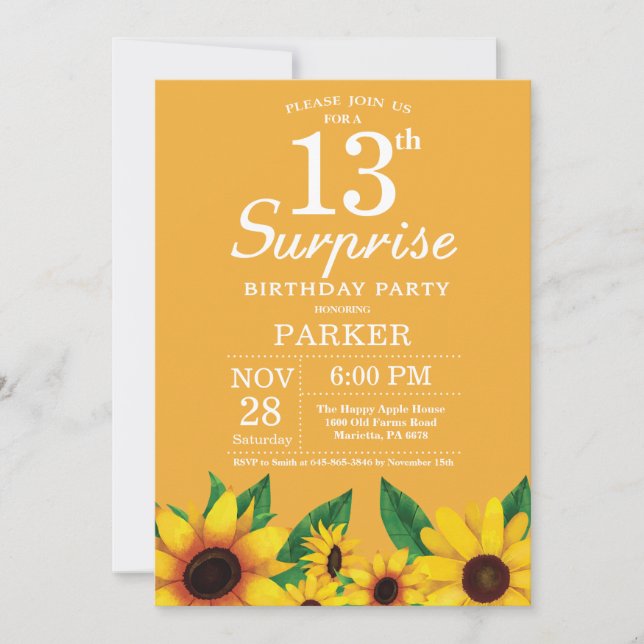 Sunflower Surprise 13th Birthday Invitation (Front)