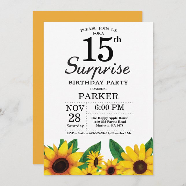 Sunflower Surprise 15th Birthday Invitation (Front/Back)