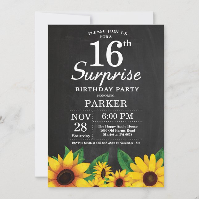 Sunflower Surprise 16th Birthday Invitation (Front)