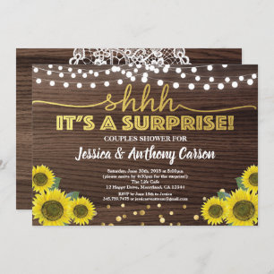 Sunflower surprise couples shower rustic wood gold invitation