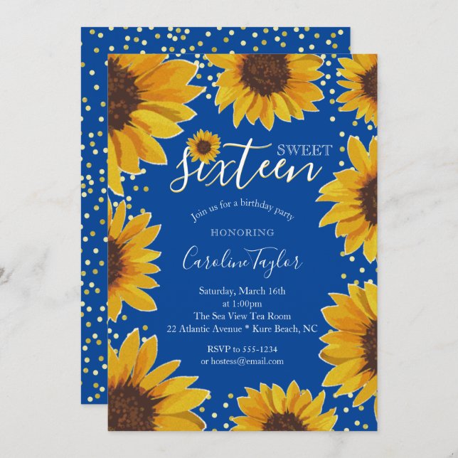 Sunflower Sweet 16 Birthday Navy Blue & Gold Invitation (Front/Back)