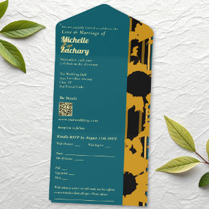 Sunflower Teal Blue Gold Modern Wedding All In One Invitation