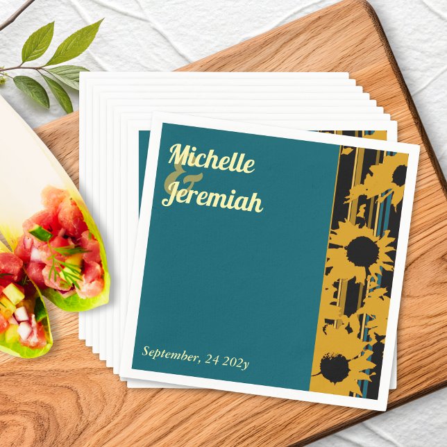 Sunflower Teal Blue Gold Modern Wedding Cocktail Napkin (Creator Uploaded)