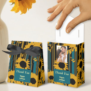 Sunflower Teal Blue Gold Modern Wedding Favour Box