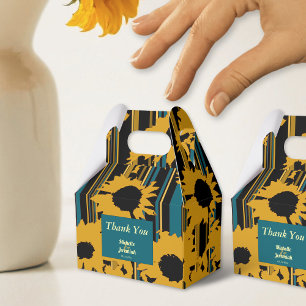 Sunflower Teal Blue Gold Modern Wedding Favour Box