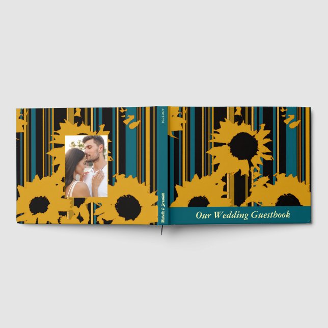 Sunflower Teal Blue Gold Modern Wedding Guest Book (Full)