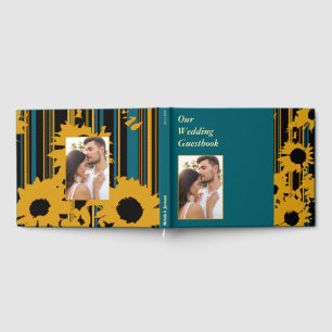 Sunflower Teal Blue Gold Modern Wedding Guest Book