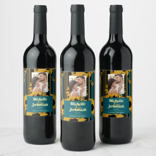 Sunflower Teal Blue Gold Modern Wedding Photo Wine Label