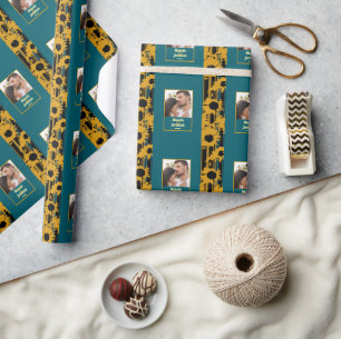 Sunflower Teal Blue Gold Modern Wedding Photo Wrapping Paper