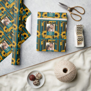 Sunflower Teal Blue Gold Modern Wedding Photo Wrapping Paper