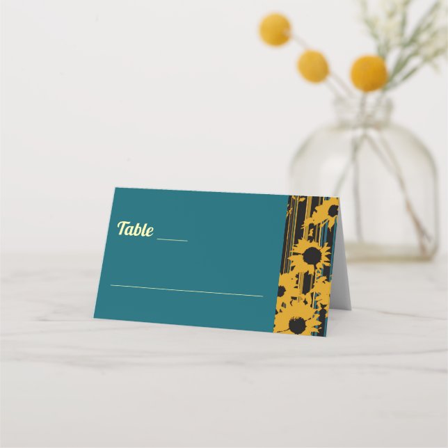 Sunflower Teal Blue Gold Modern Wedding Place Card (Front)