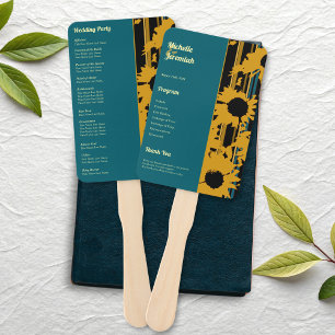Sunflower Teal Blue Gold Modern Wedding Program Hand Fan