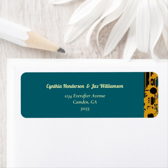 Sunflower Teal Blue Gold Modern Wedding Return Address Label (Insitu)