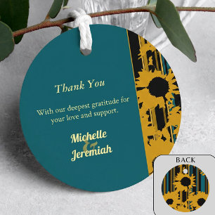 Sunflower Teal Blue Gold Modern Wedding Thank You Favour Tags