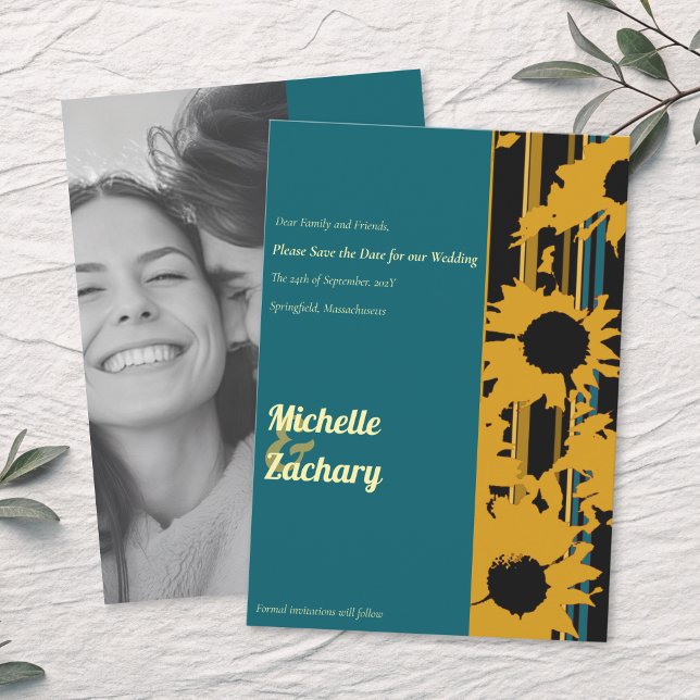 Sunflower Teal Blue Gold Wedding Photo Save The Date (Creator Uploaded)
