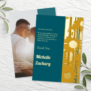 Sunflower Teal Blue Modern Wedding Thank You Gold Foil Holiday Card