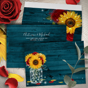 Sunflower Teal Burgundy Rose Rustic Wood Wedding Envelope