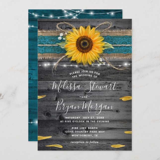 Sunflower Teal Burlap Lace Rustic Wood Wedding Invitation (Front/Back)