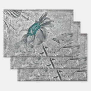 Sunflower Teal Gray Vintage Antique Texture Wrapping Paper Sheet