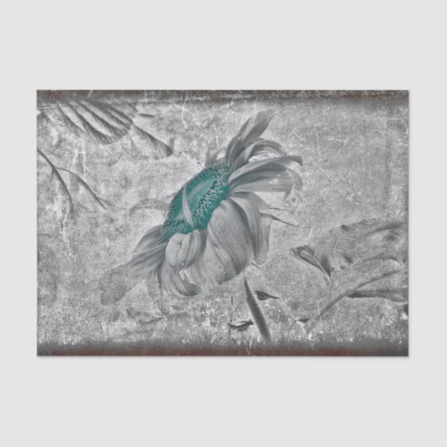 Sunflower Teal Grey Vintage Antique Texture Tissue Paper (Front)