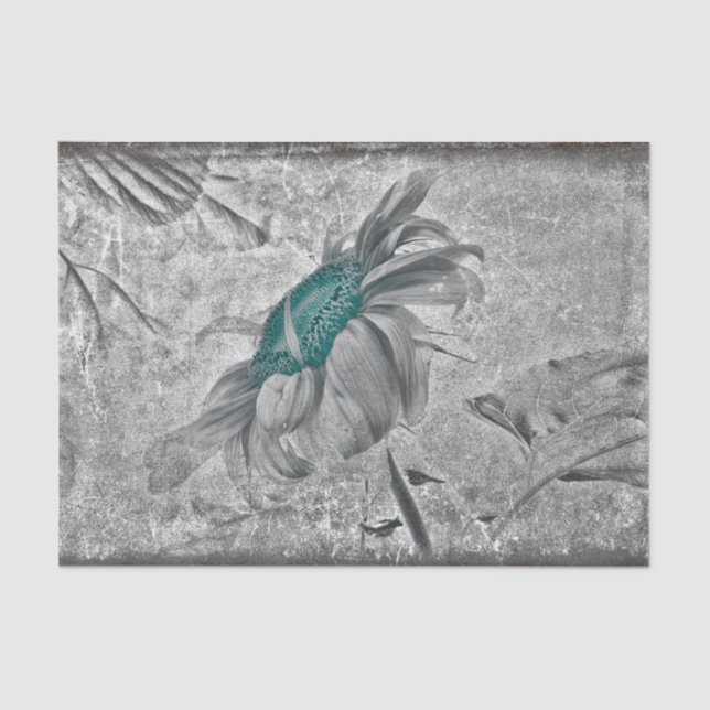 Sunflower Teal Grey Vintage Antique Texture Tissue Paper (Front)