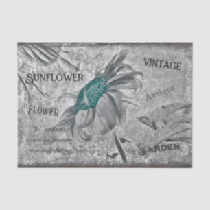 Sunflower Teal Grey Vintage Ephemera Texture Tissue Paper