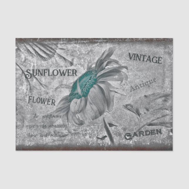 Sunflower Teal Grey Vintage Ephemera Texture Tissue Paper (Front)