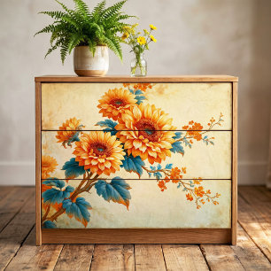 Sunflower Teal Leaf Vintage Branch Decoupage Tissue Paper