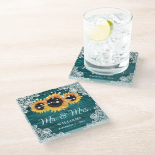 Sunflower Teal Rustic Wood Lace Wedding Glass Coaster