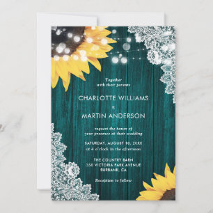 Sunflower Teal Wood Floral Lace Elegant Wedding Invitation