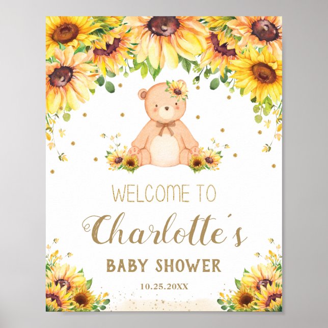 Sunflower Teddy Bear Baby Shower Birthday Welcome  Poster (Front)