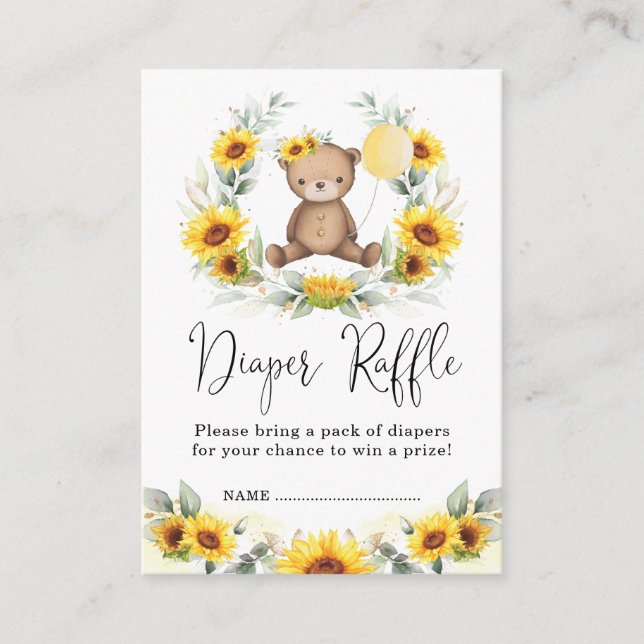 Sunflower Teddy Bear Floral Wreath Diaper Raffle Enclosure Card (Front)