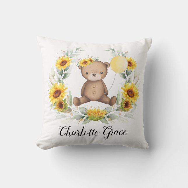 Sunflower Teddy Bear with Yellow Balloon Nursery Cushion (Front)