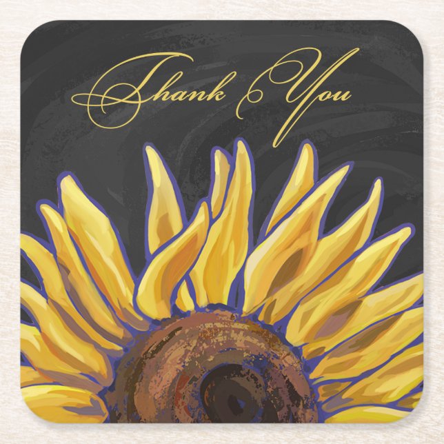 Sunflower Thank You Square Paper Coaster (Front)