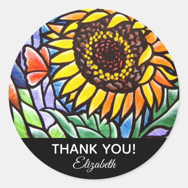 Sunflower Thank You Stained Glass Personalised Art Classic Round Sticker (Front)