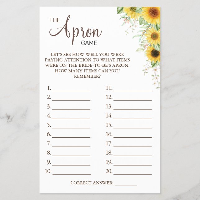 Sunflower The Apron Bridal shower game card (Front)